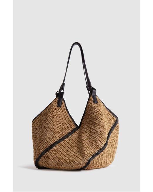 Reiss Brown Farrah - Natural Woven Diagonal Seam Tote Bag,