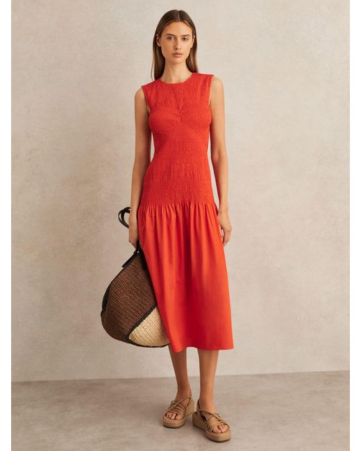 Reiss Annabel - Red Petite Cotton Shirred Midi Dress, Us 6