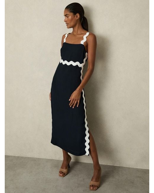 Reiss Blue Wave Trim Crepe Midi Dress