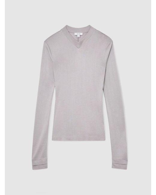 Reiss Brown High V-Neck Long-Sleeve Top