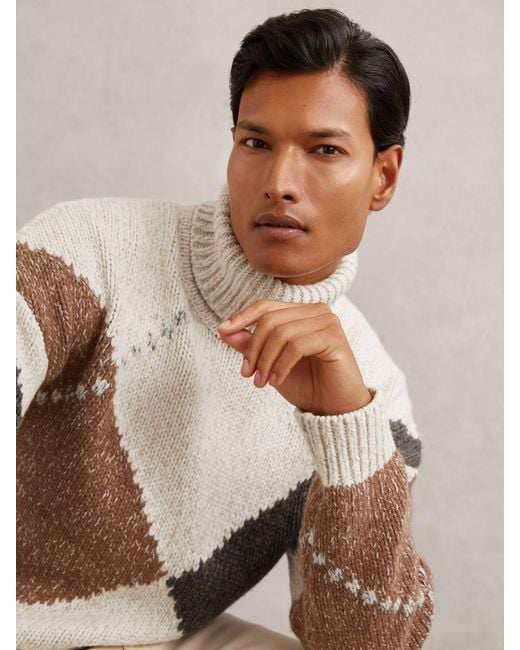 Reiss Natural Wool-Blend Roll-Neck Argyle Jumper for men