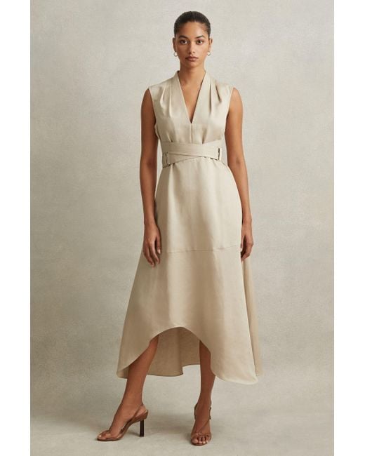 Reiss Natural Ava - Neutral Linen Lyocell Strappy Midi Dress
