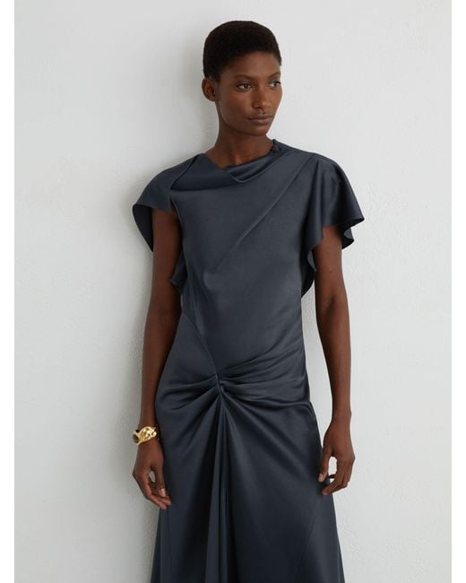 Reiss Blue Sasha - Slate Grey Satin Drape-detail Midi Dress, Us 6