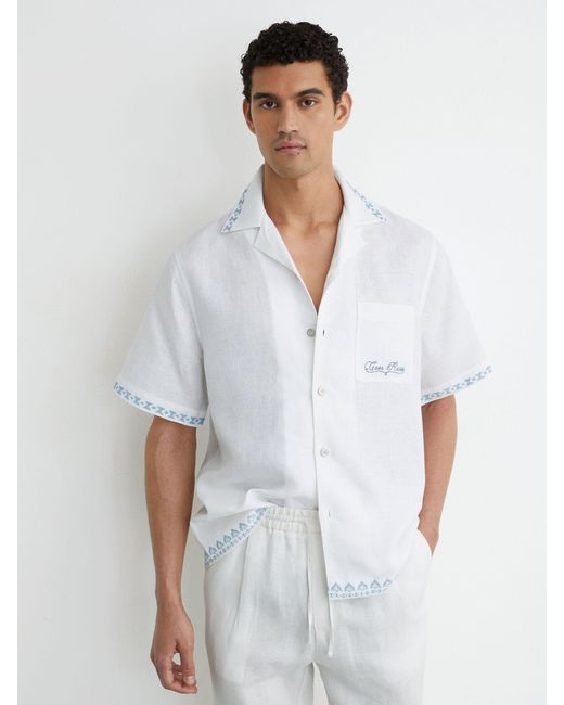 Reiss White Cotton-Linen Slogan-Print Shirt for men