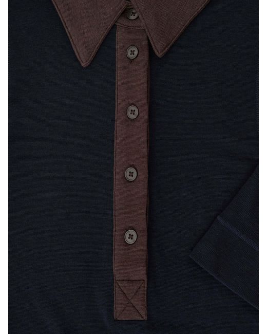 Reiss Blue Chocolate Colour-Block Half-Button Top With Wool
