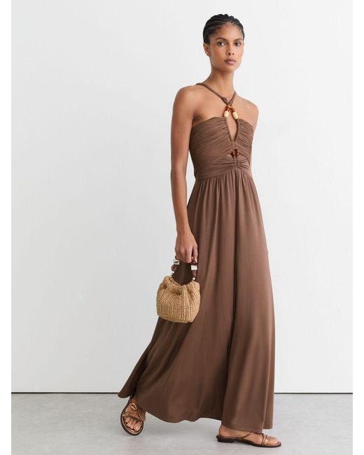 Reiss Brown Jersey Bead-Detail Ruched Maxi Dress