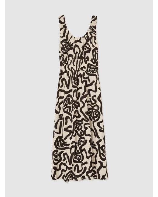 Reiss Natural Akari - Brown/ivory Linen-blend Printed Shirred Midi Dress, Us 10