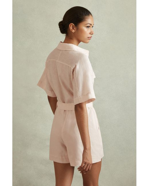 Reiss Brown Selina - Pink Linen Belted Playsuit