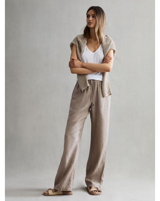 Reiss Gray Cleo - Mink Linen Wide Leg Drawstring Trousers, 10r
