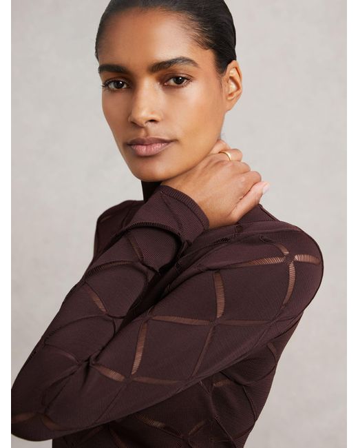 Reiss Brown Laser-Cut Funnel-Neck Knit Top