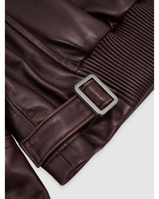 Reiss Brown Leather Zip-Through Moto Jacket