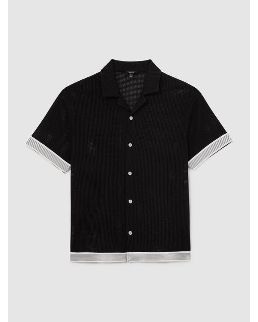 Reiss Black Cotton-Blend Tape-Trim Crochet Shirt for men