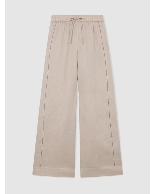 Reiss Natural Linen Ladder-Embroidery Wide-Leg Trousers