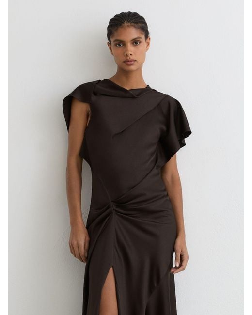 Reiss Multicolor Sasha - Chocolate Brown Satin Drape-detail Midi Dress, Us 0