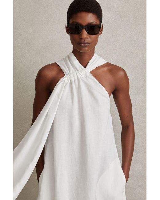 Reiss Natural Cosette - White Linen Blend Drape Midi Dress