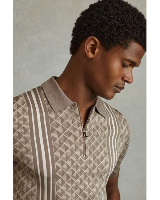 Reiss Brown Sanderson - Oatmeal Half-zip Diamond Stitch Polo Shirt, Xs for men
