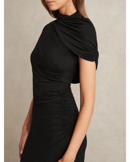 Reiss Azure - Black Stretch Lyocell Ruched Midi Dress, Us 6