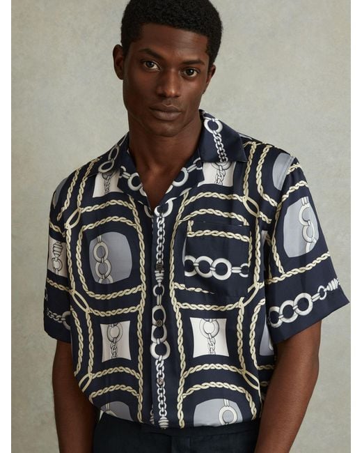 Reiss Blue Chain Print Cuban Collar Shirt for men