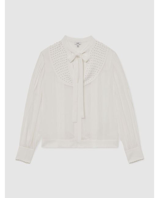 Reiss White Georgette Tie-Neck Beaded Blouse