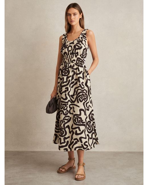 Reiss Natural Akari - Brown/ivory Linen-blend Printed Shirred Midi Dress, Us 10