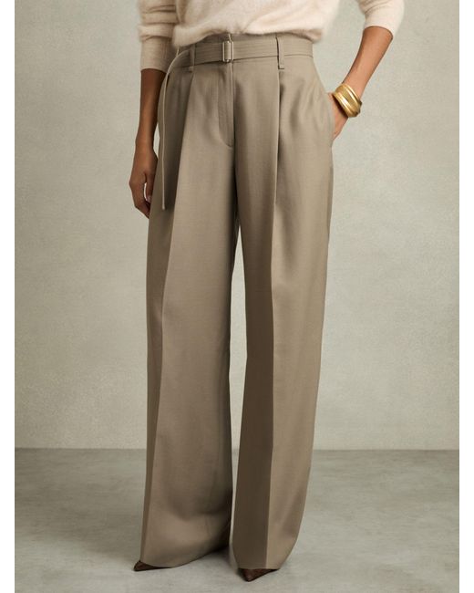 Reiss Natural Wool Belted Wide-Leg Trousers
