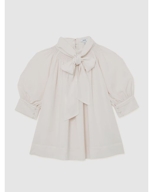 Reiss White Tie-Neck Short-Sleeve Blouse