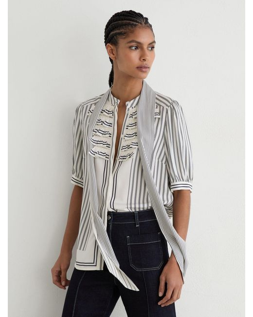 Reiss White Striped Ruffle-Trim Tie-Neck Blouse