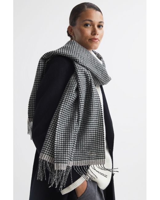 Reiss Gray Victoria - Black/white Wool Blend Dogtooth Embroidered Scarf