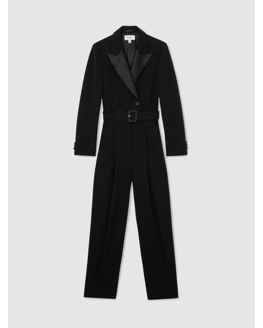 Reiss Black Tuxedo Wide-Leg Belted Jumpsuit