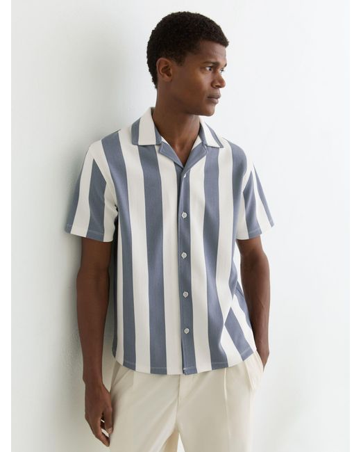 Reiss Blue Airforce & Off Block-Stripe Cuban-Collar Shirt for men