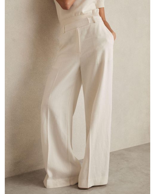 Reiss White Linen-Blend Wide-Leg Trousers