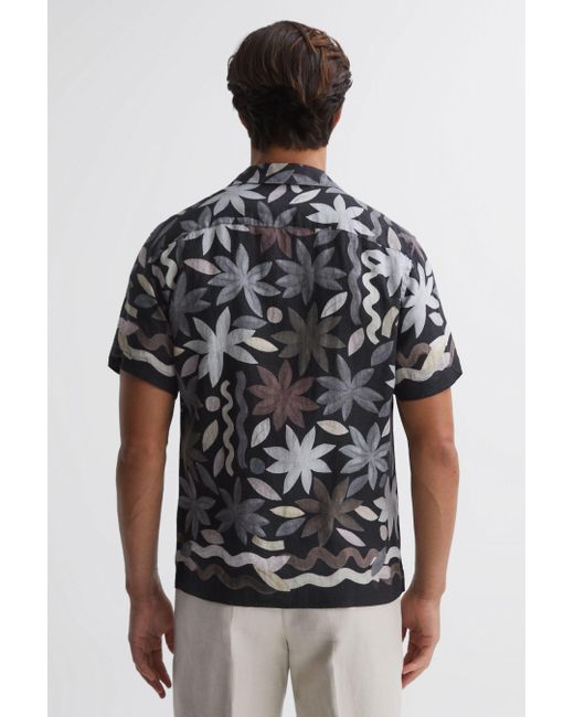 Reiss Gray Delphi - Black Multi Linen Floral Cuban Collar Shirt for men