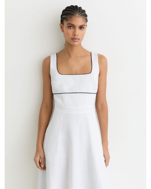 Reiss White Linen Contrast-Trim Midi Dress