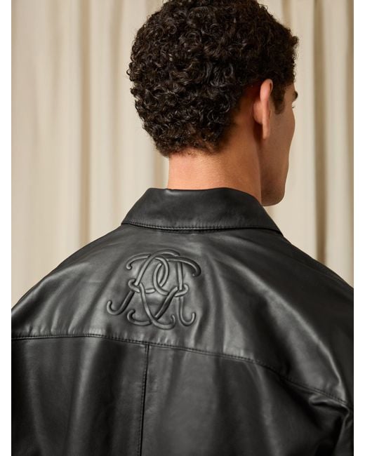 Reiss Black Monogram Embossed Leather Jacket Relaxed-Fit for men