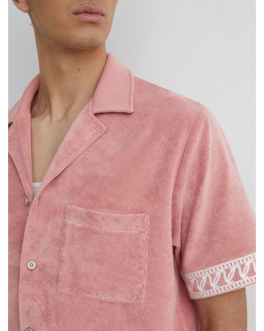 Reiss Bleeker - Soft Pink Cotton-blend Towelling Embroidered Shirt, Xs for men