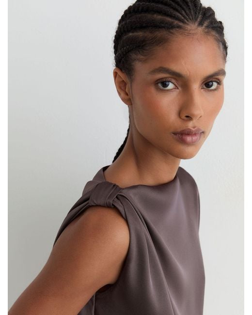 Reiss Brown Satin Draped One-Shoulder Top