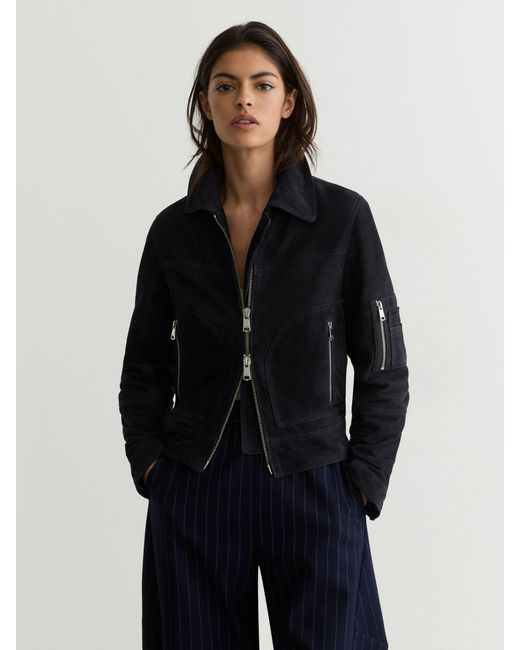 Reiss Blue Tate - Navy Suede Zip-through Jacket, Us 4