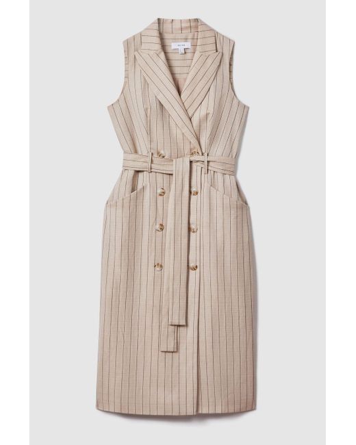 Reiss Natural Andie - Neutral Wool Blend Striped Double Breasted Midi Dress