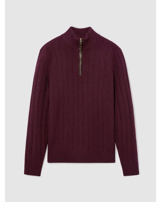 Reiss Purple Douglas - Bordeaux Wool Stitch-detail Half-zip Jumper, S for men