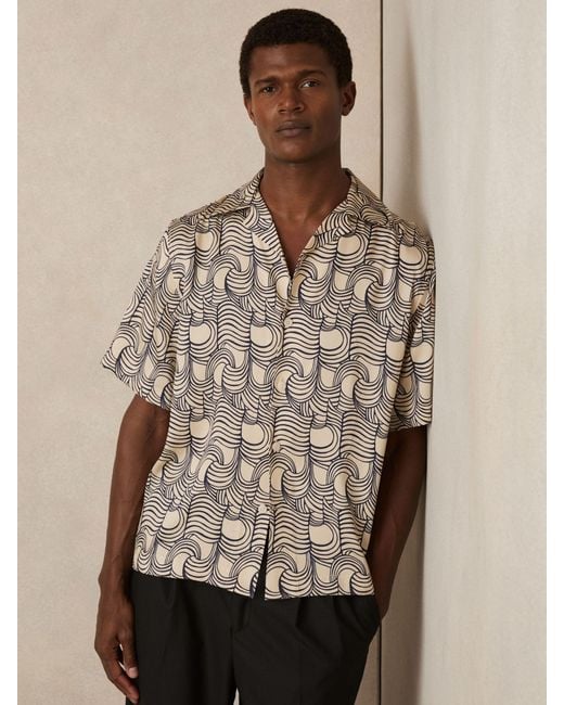 Reiss Natural Off & Wave Print Cuban Collar Shirt for men