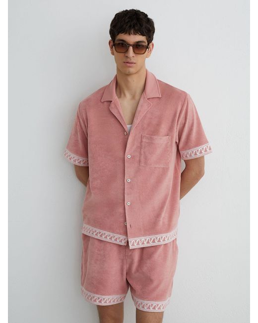 Reiss Bleeker - Soft Pink Cotton-blend Towelling Embroidered Shirt, Xs for men
