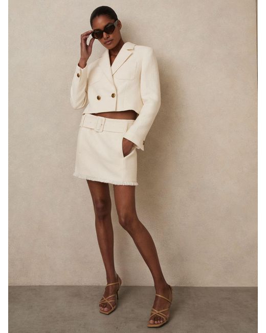 Reiss Natural Bouclé Belted Mini Skirt With Wool And Cotton