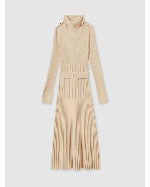 Reiss Natural Ribbed Belted Midi Dress