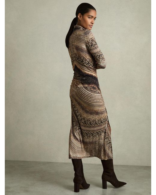 Reiss Natural Naomi - Brown Snake-print Draped Midi Dress, S (us 4-6)