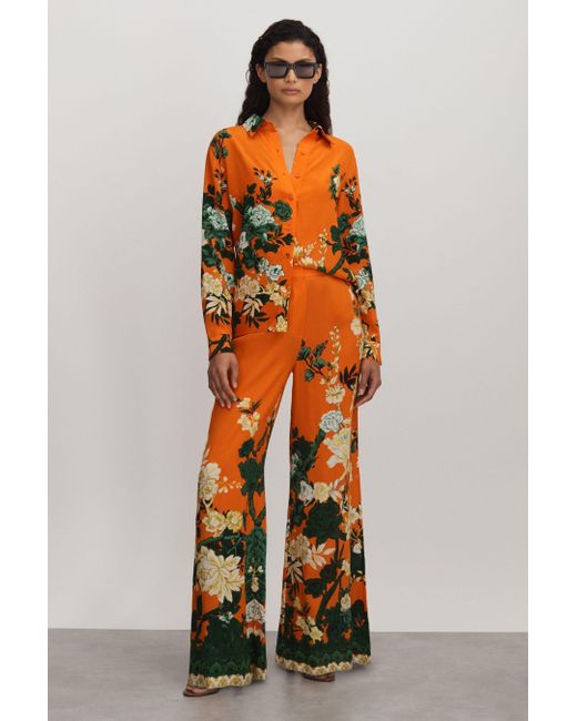 Raishma Orange Silk Printed Wide-leg Trousers