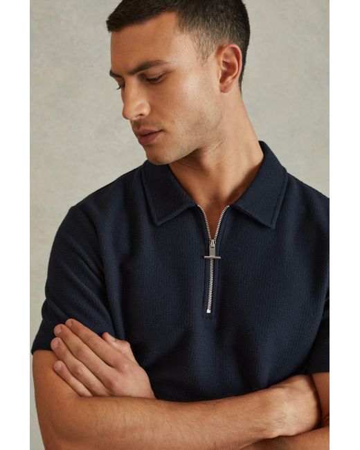 Reiss Blue Felix - Navy Textured Cotton Half Zip Polo Shirt for men