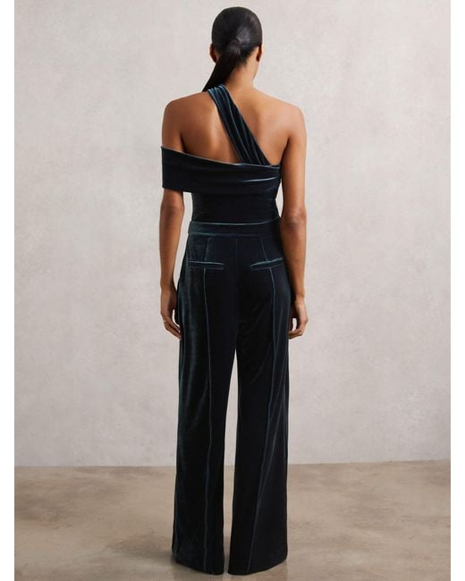 Reiss White Daria - Teal Green Velvet One-shoulder Wide-leg Jumpsuit, Us 14