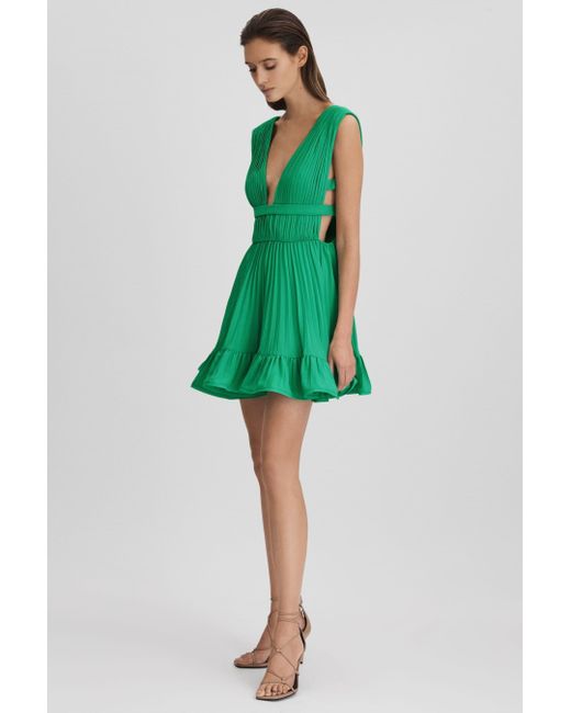 AMUR Green Pleated Plunge Neck Mini Dress