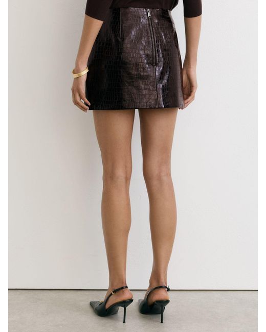 Reiss Black Cora - Burgundy Leather Crocodile-effect Mini Skirt, Us 8