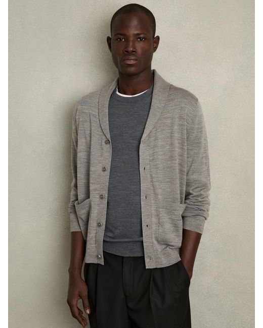 Reiss Gray Merino Wool Shawl-Collar Cardigan for men